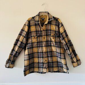 The J. Peterman Company 100% Wool Button Up Mens L Brown Plaid Made in Portugal